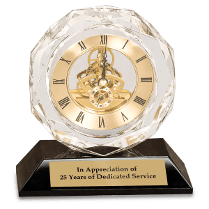 5 3/4" Clear Crystal Clock on Black Pedestal Base Personalized Engraving