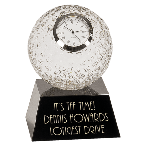 5" Clear Crystal Golf Ball Clock with Black Pedestal Base Personalized Engraving