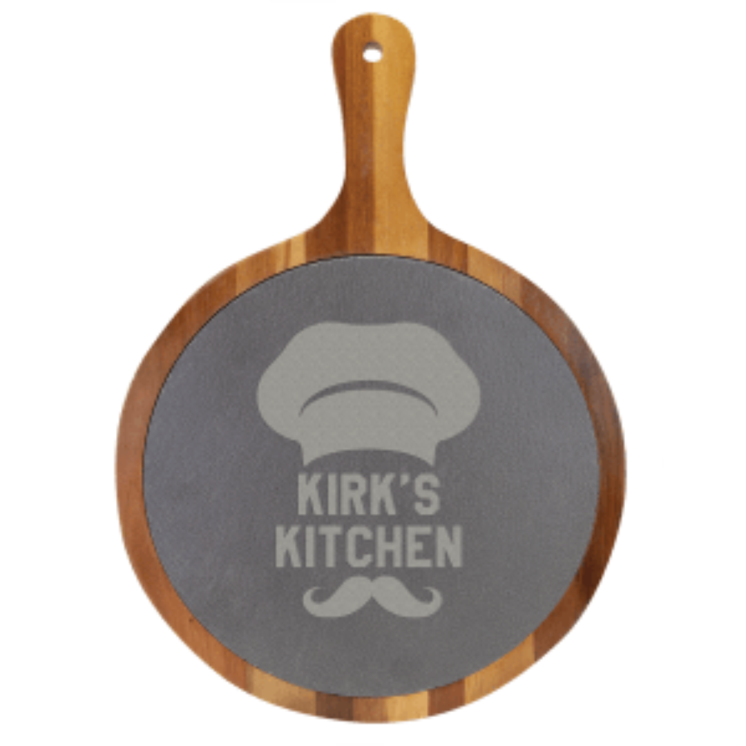 10 1/2" x 14 1/2" Round Acacia Wood/Slate Serving Board with Handle with Personalized Engraving