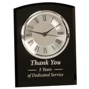 6" Black Glass Arch Clock, Self-Standing With Personalized Engraving