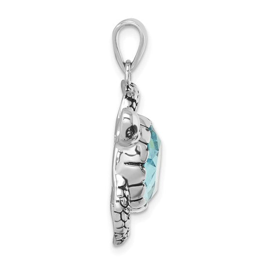 Sterling Silver Antiqued Blue Crystal Turtle Pendant