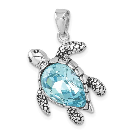 Sterling Silver Antiqued Blue Crystal Turtle Pendant