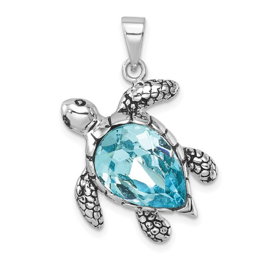 Sterling Silver Antiqued Blue Crystal Turtle Pendant