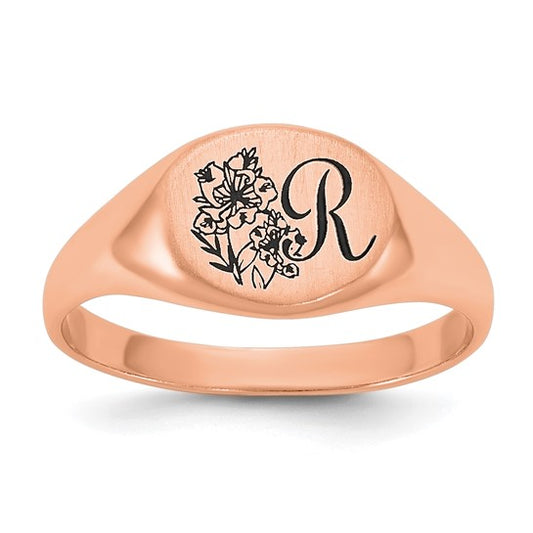 Rose Gold Initial and Birth Flower Signet Ring